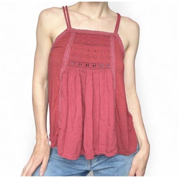 American Eagle Red Women’s Tank Boho Lace Eyelet Top Size S - Picture 1 of 7